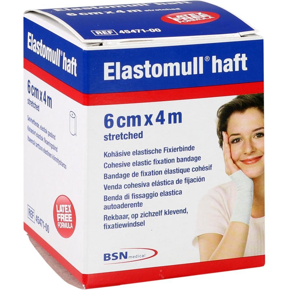 Eine Packung Elastomull haft, eine elastische Fixierbinde, mit einem lächelnden Gesicht darauf.