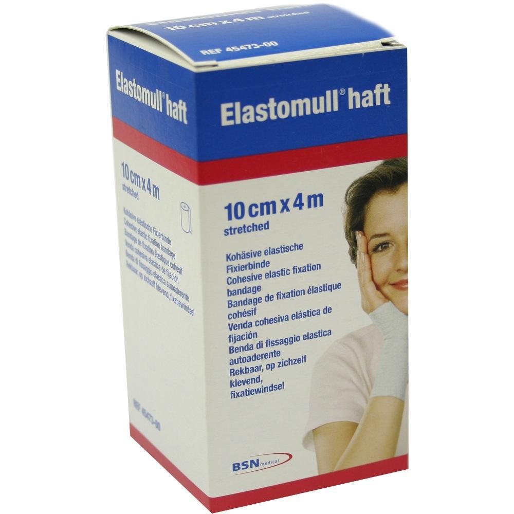 Verpackung einer elastischen Fixierbinde, eine Frau stützt ihr Gesicht mit einer bandagierten Hand.