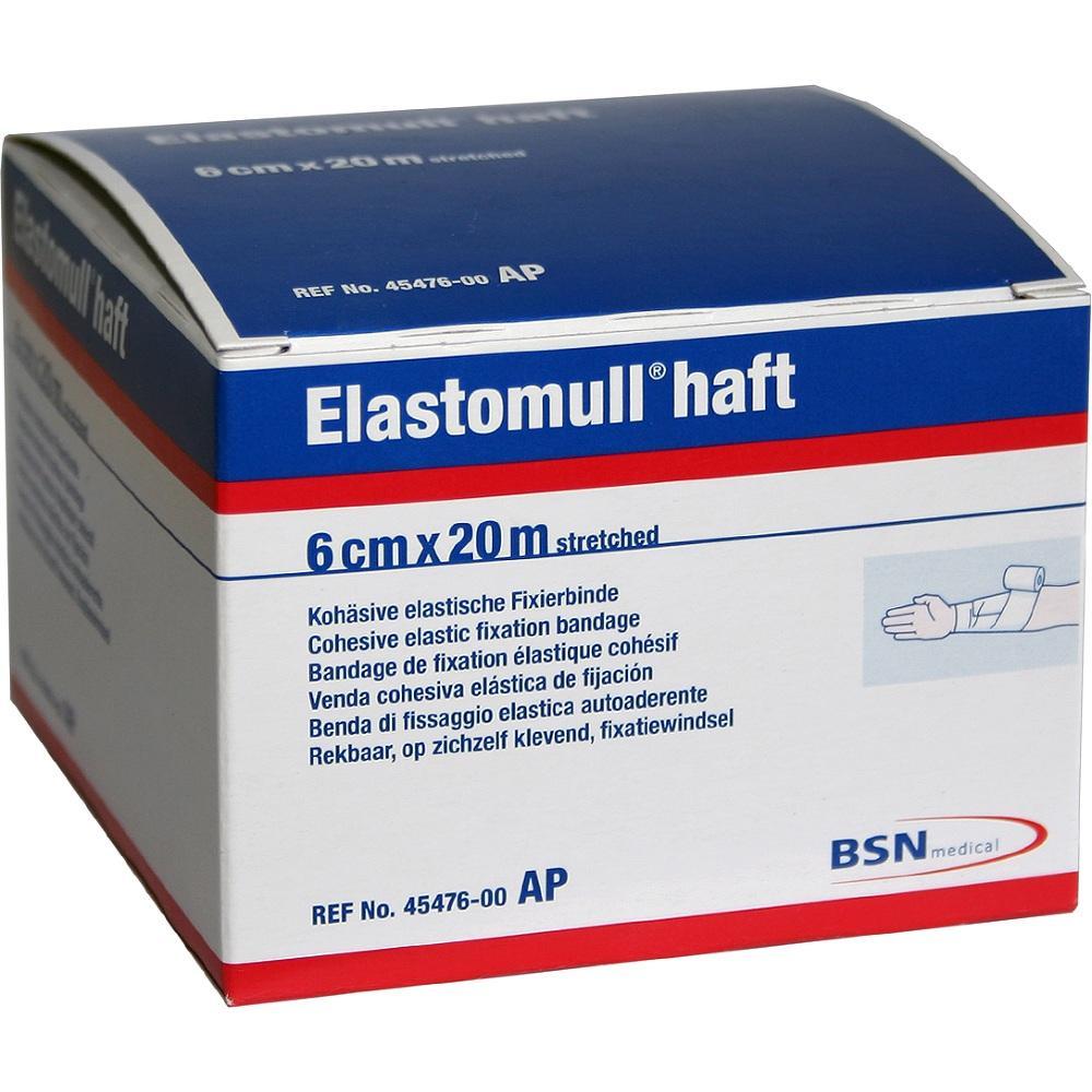 Weiße Verpackung einer elastischen Fixierbinde mit blauem und rotem Streifen.