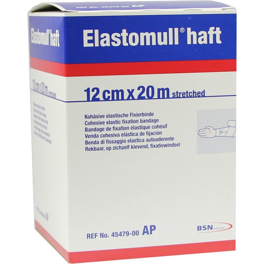 Eine blaue Verpackung mit einer elastischen Fixierbinde von 12 cm x 20 m.