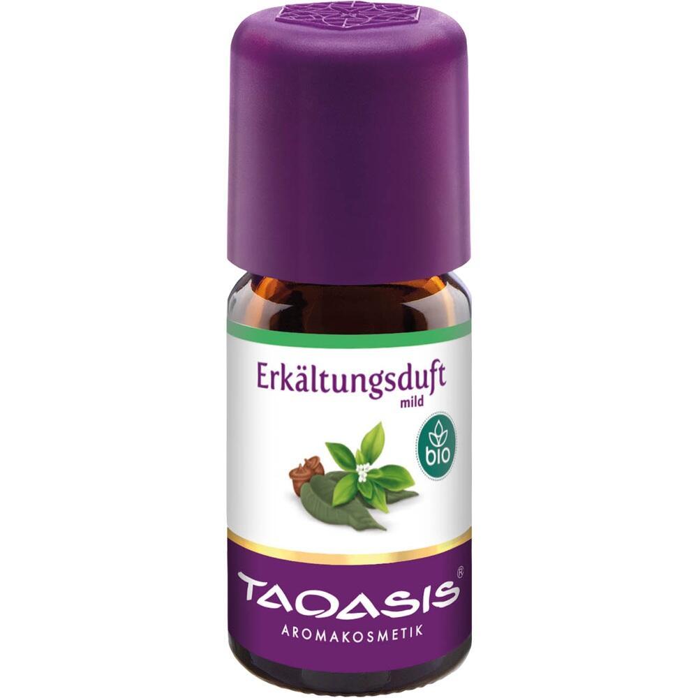 Braunes Fläschchen mit lila Deckel und Aufschrift "Erkältungsduft mild" von TAOASIS.