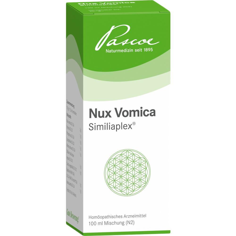 Grüne Medikamentenverpackung von Nux Vomica Similiaplex, 100 ml.