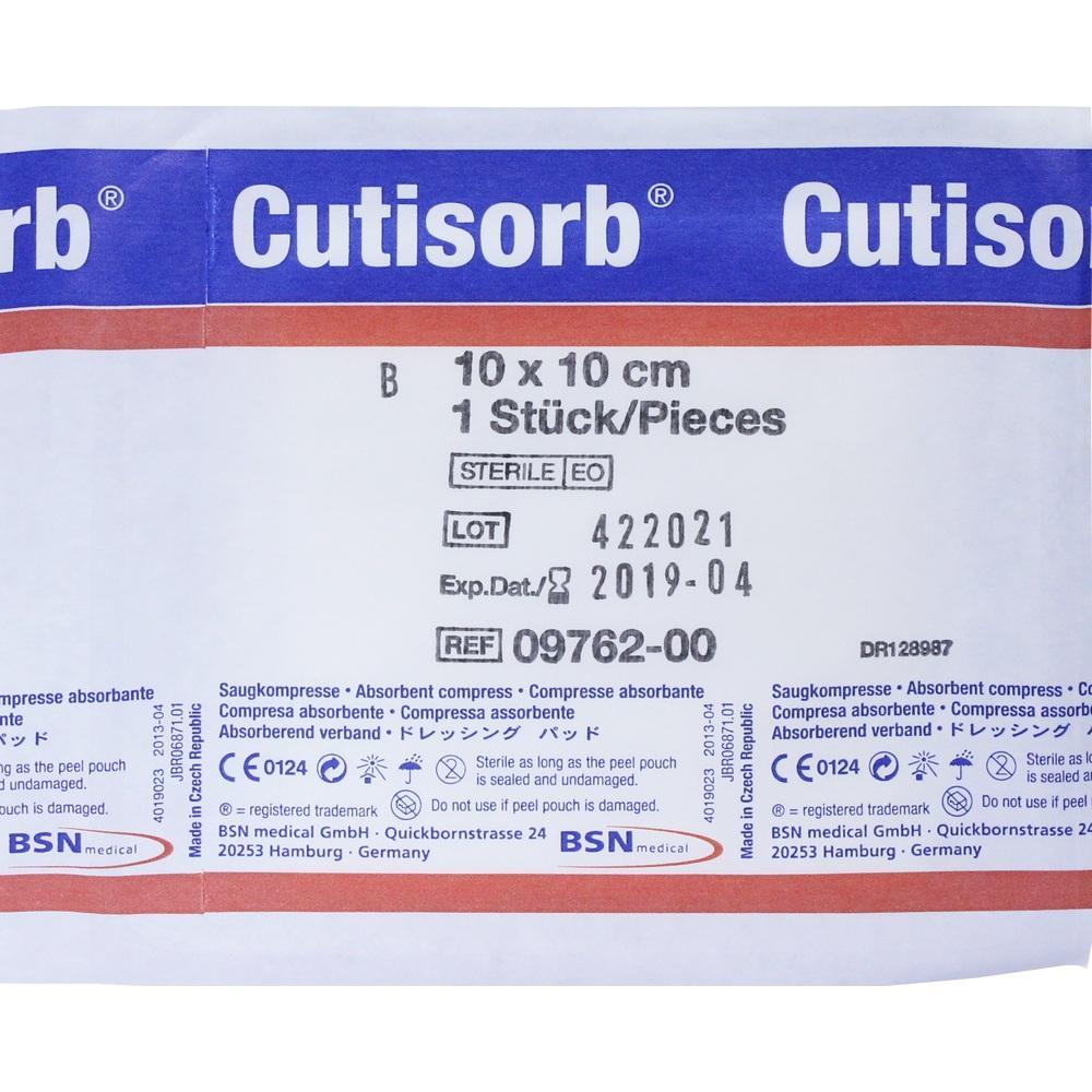 Verpackung einer sterilen Kompresse von Cutisorb, Größe 10 x 10 cm.