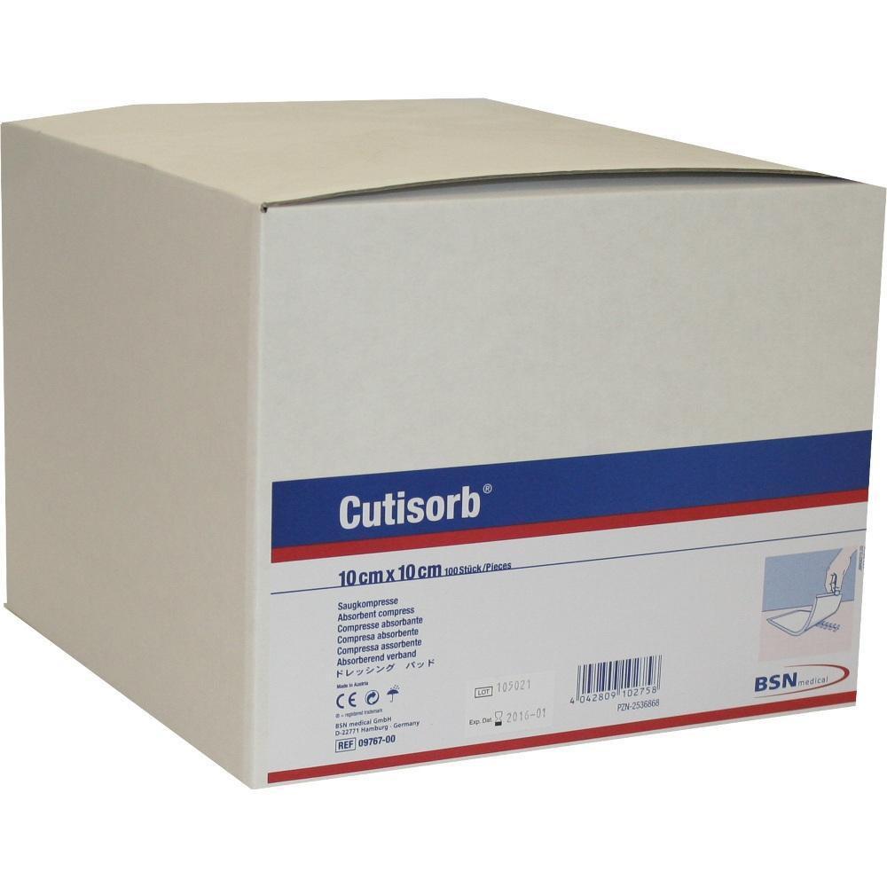 Eine weiße Box mit der Aufschrift "Cutisorb" für Kompressen.