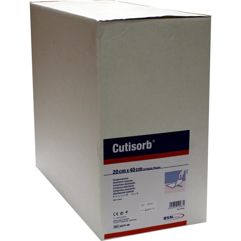 Eine weiße Verpackung mit der Aufschrift "Cutisorb" für Saugkompressen.