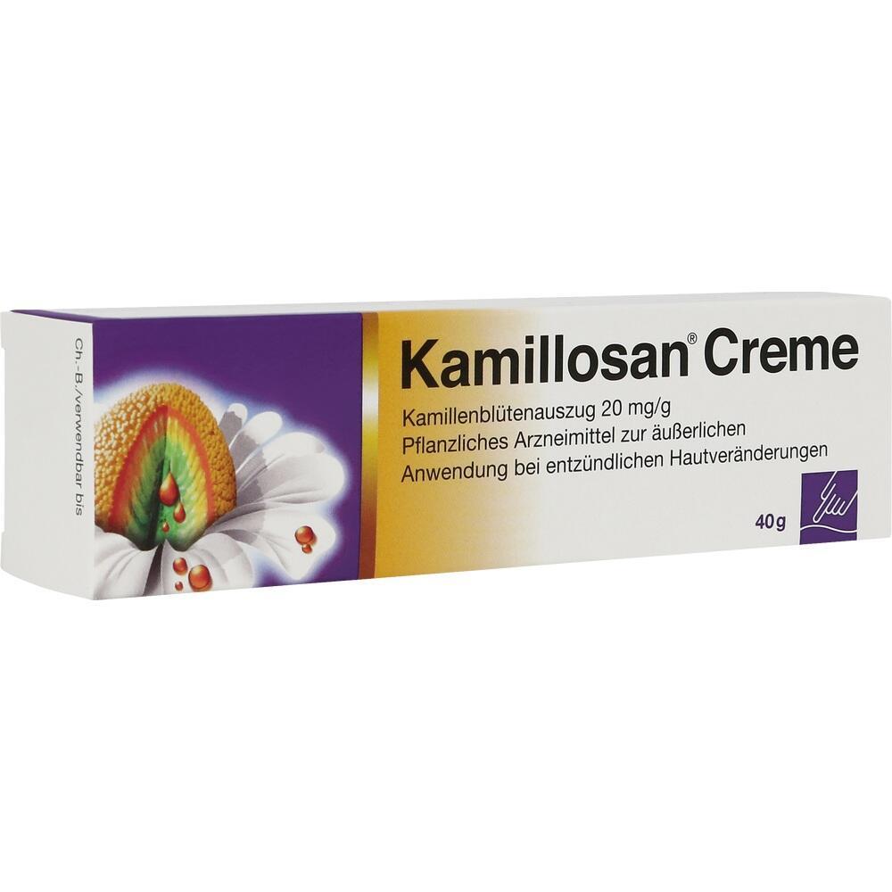 Eine Schachtel Kamillosan Creme mit Kamillenblütenbild auf der Verpackung.