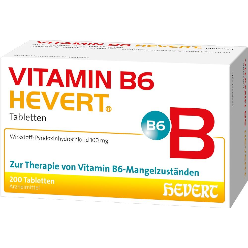Gelbe Packung Vitamin B6-Hevert-Tabletten zur Therapie von Vitamin-B6-Mangelzuständen.