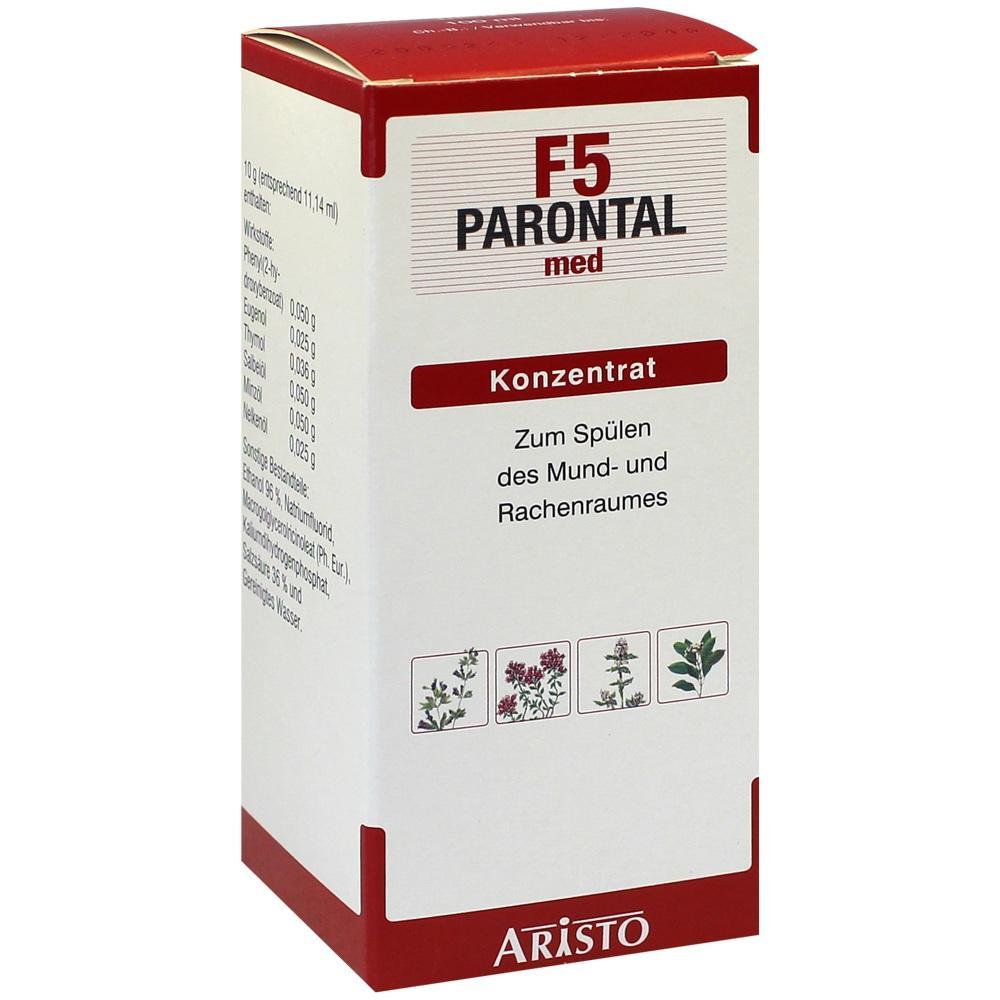 Roter Karton mit der Aufschrift "F5 Parontal med" als Mundspülkonzentrat.