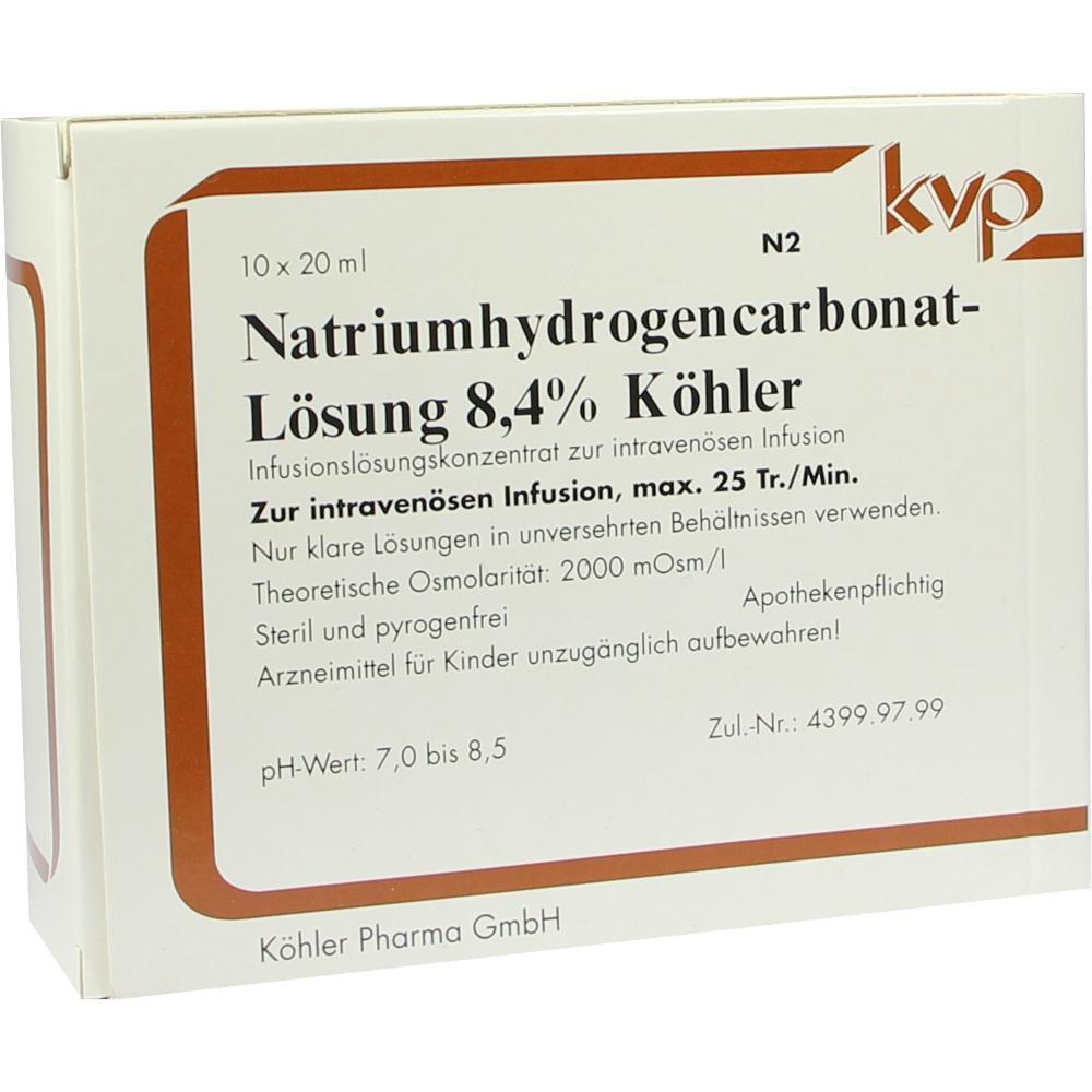 Verpackung mit der Aufschrift "Natriumhydrogencarbonat-L&ouml;sung 8,4% K&ouml;hler".