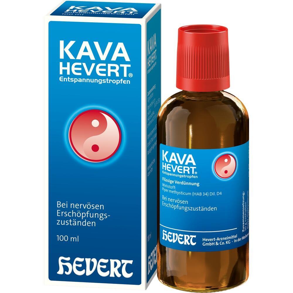 Eine Flasche und Schachtel Kava-Hevert Entspannungstropfen gegen nerv&ouml;se Ersch&ouml;pfung.