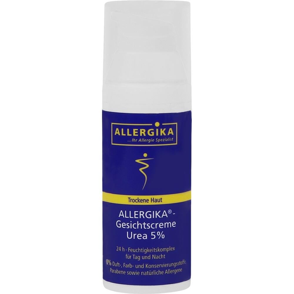 Eine blaue und weiße Flasche der Allergika Urea 5% Gesichtscreme.