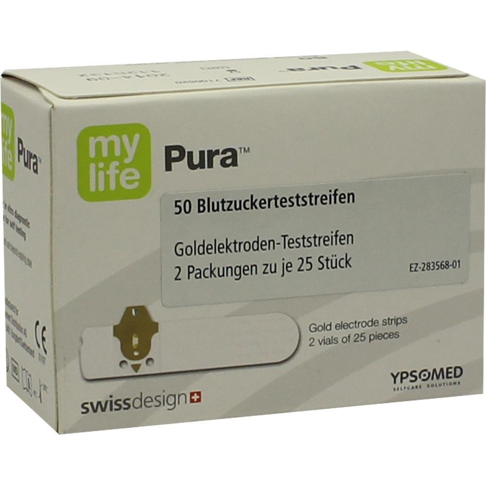 Eine Schachtel mit 50 Blutzuckerteststreifen von "my life Pura".