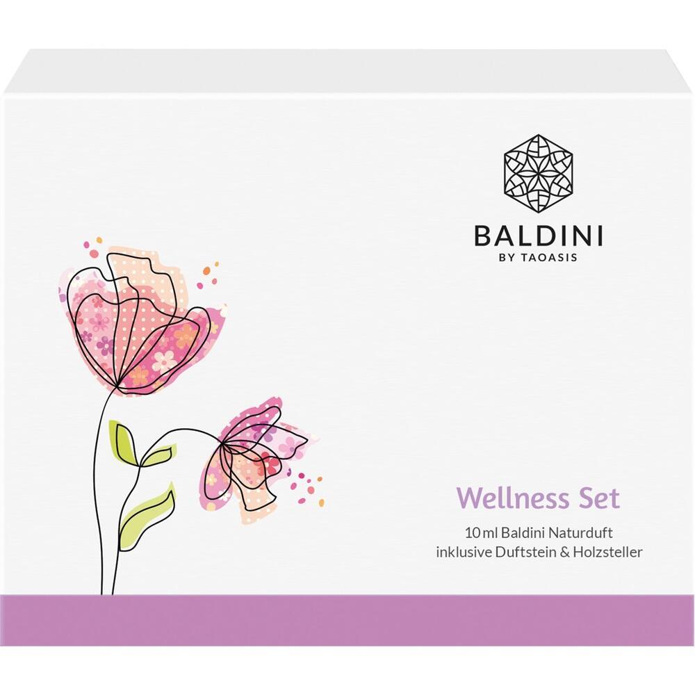 Weiße Box mit lilafarbenen Blumen und der Aufschrift "Baldini Wellness Set".