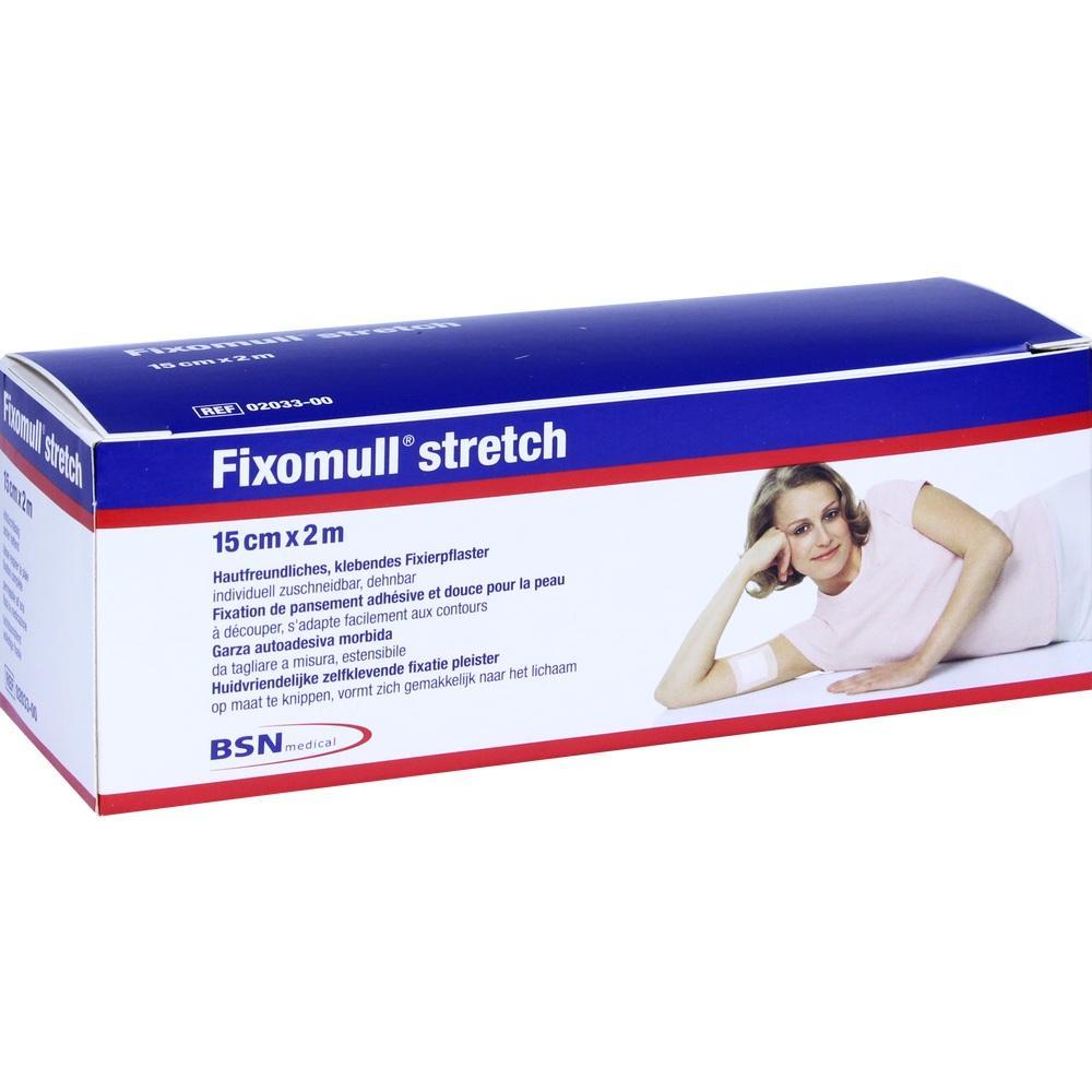 Eine Packung Fixomull Stretch Pflaster mit einer Frau, die seitlich liegt.