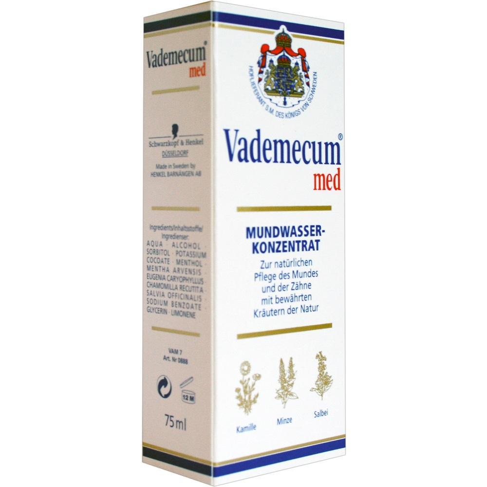 Weiße Verpackung von Vademecum-Mundwasserkonzentrat mit Kräutern abgebildet.