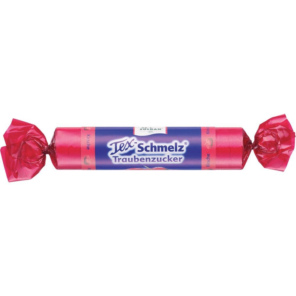 Eine pink verpackte Traubenzucker-Rolle mit dem Namen "Tex Schmelz".