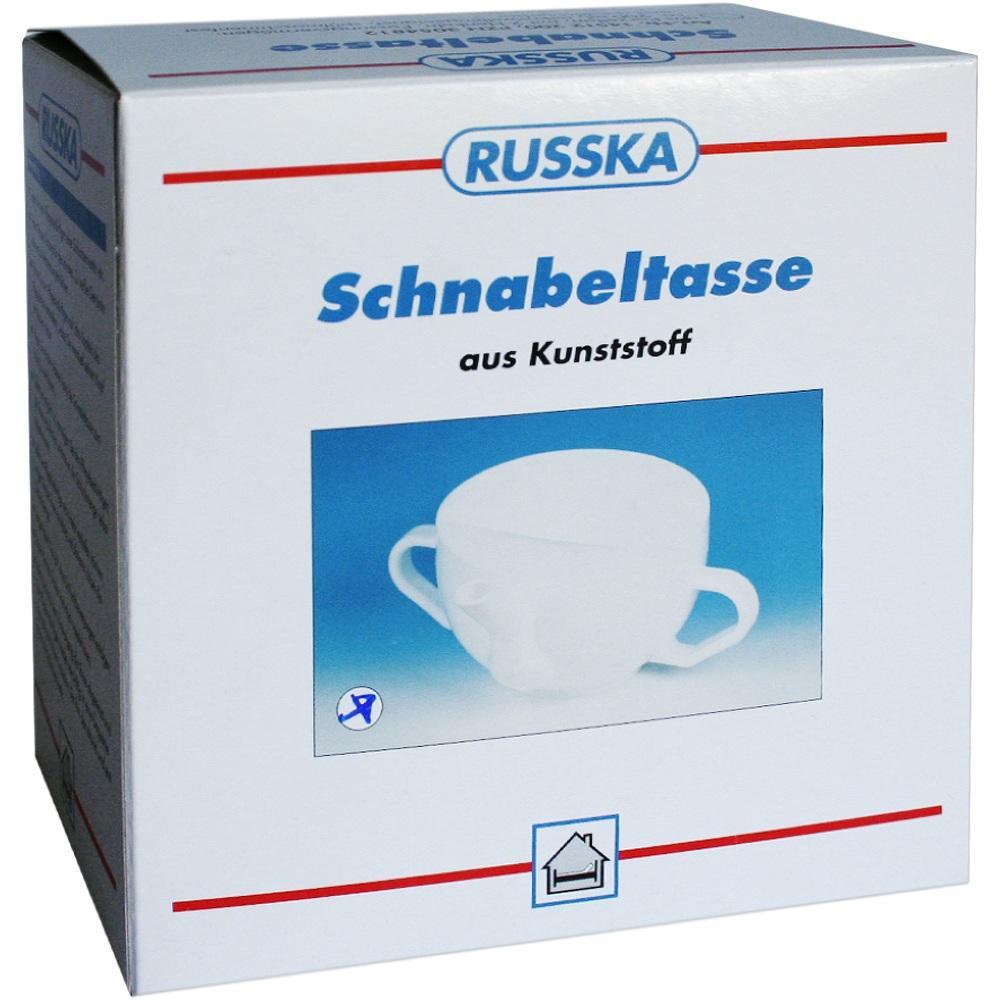 Eine Verpackung zeigt eine Kunststoff-Schnabeltasse mit zwei Griffen.