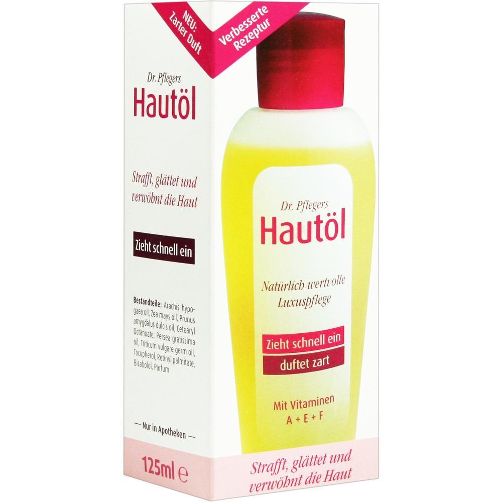 Eine Verpackung von Hautöl mit rotem Deckel und der Aufschrift "Dr. Pflegers Hautöl".