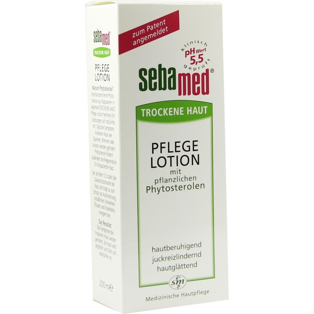 Eine weiße Packung einer Pflegelotion für trockene Haut von Sebamed.