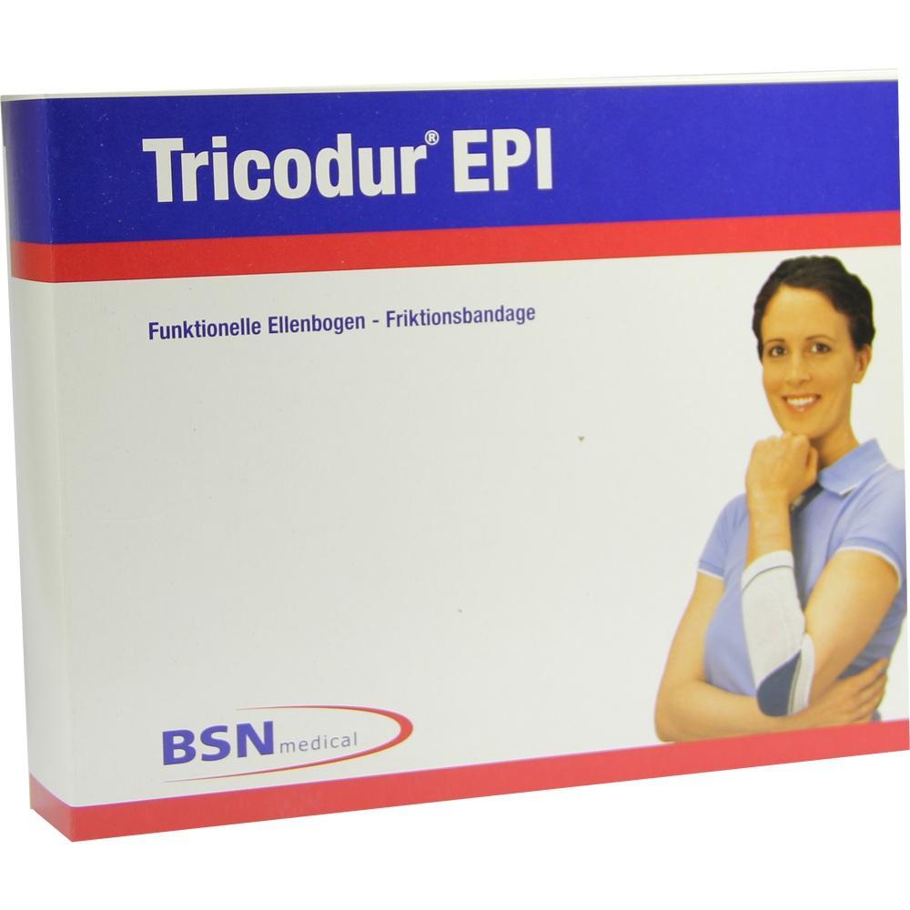 Frau trägt eine Ellenbogenbandage, Produkt heißt Tricodur EPI.