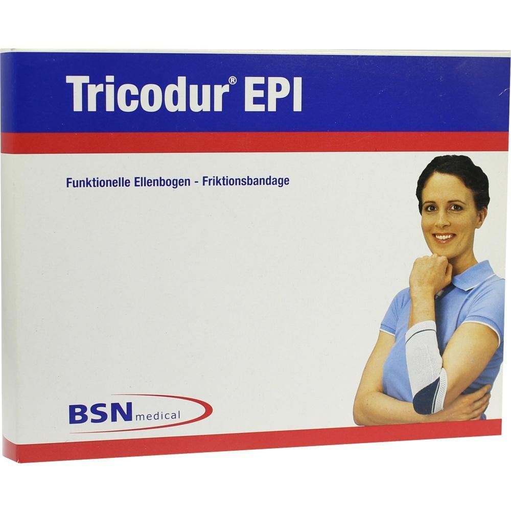 Eine Frau trägt eine Ellenbogenbandage und lächelt auf einer Verpackung von Tricodur EPI.