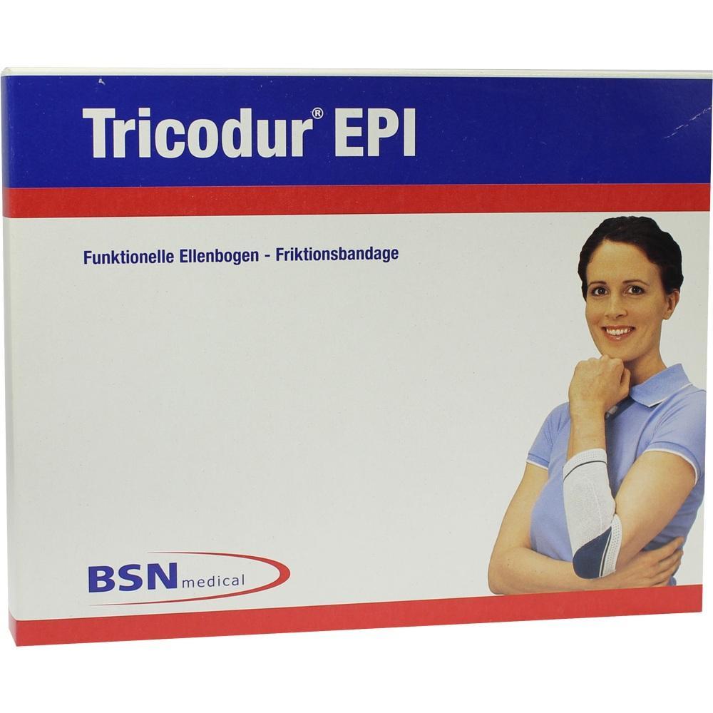 Frau trägt eine Ellenbogenbandage, Verpackung mit "Tricodur EPI"-Aufschrift.