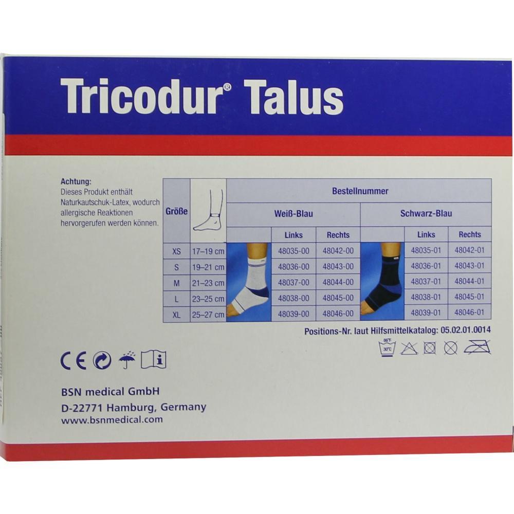 Verpackung von Tricodur Talus mit Größen- und Bestellinformation für Knöchelbandagen.