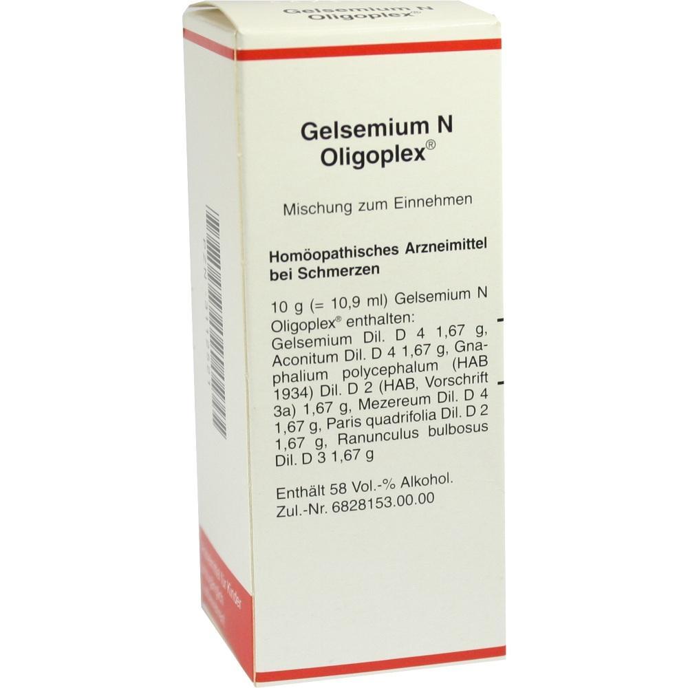 Packung von Gelsemium N Oligoplex, einem homöopathischen Arzneimittel gegen Schmerzen.