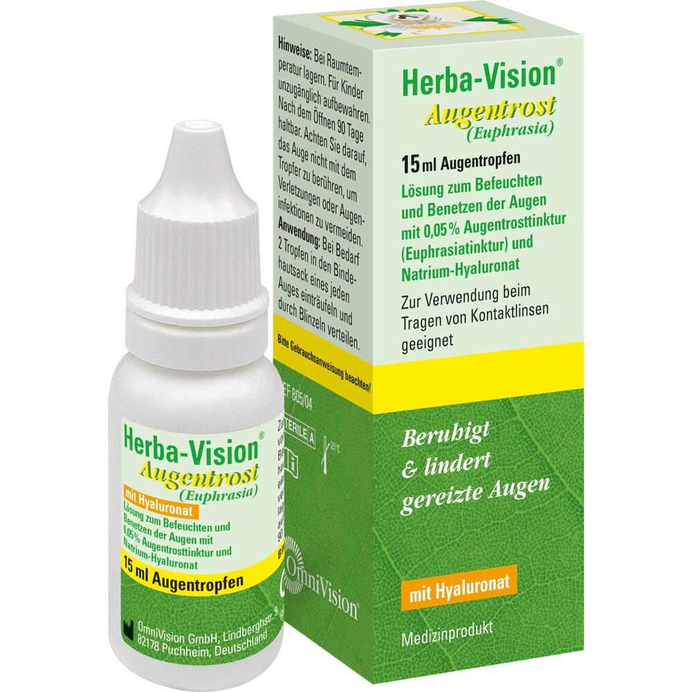 Augentropfenflasche und Verpackung von Herba-Vision Augentrost für gereizte Augen.