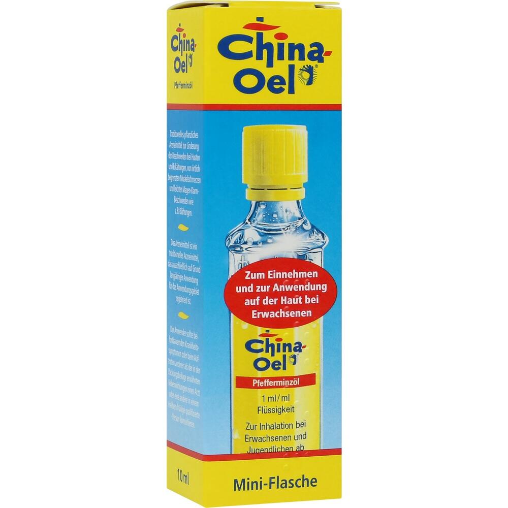 Gelbe Verpackung von China-Oel Pfefferminz&ouml;l mit rotem Hinweis f&uuml;r Erwachsene.