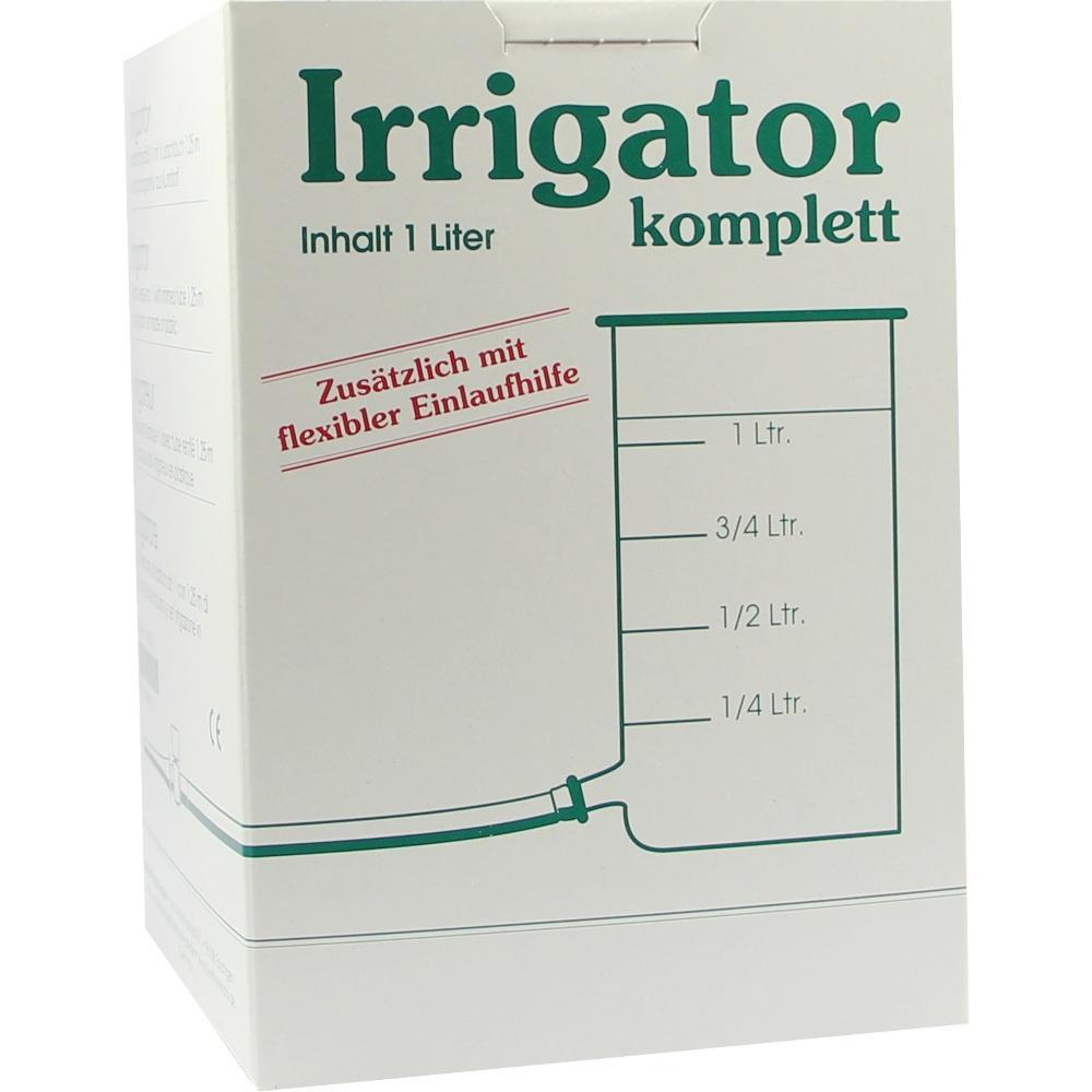 Weiße Verpackung von einem 1-Liter-Irrigator mit Skala und Text.