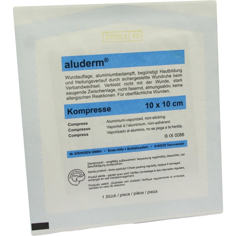 Eine verpackte sterile Kompresse von Aluderm, 10 x 10 cm groß.