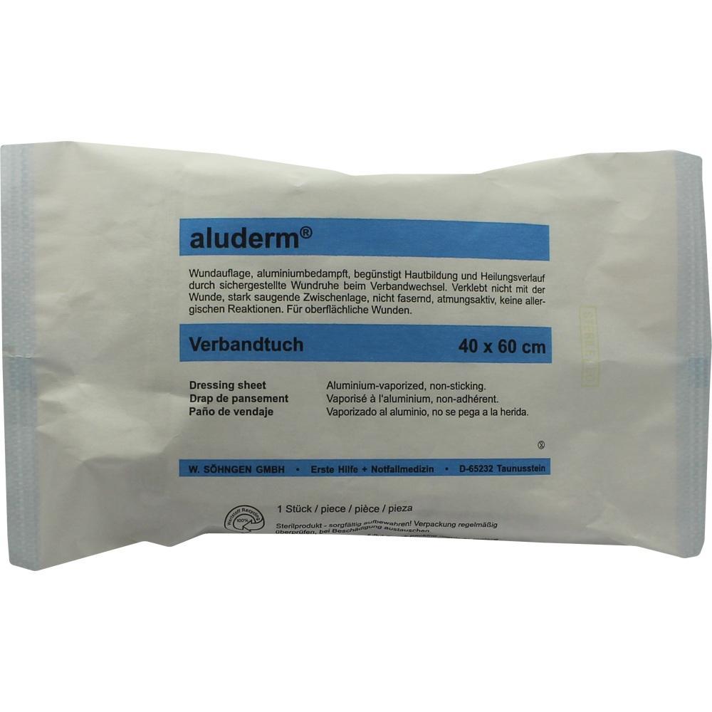 Verpackung eines aluderm Verbands, geeignet für oberflächliche Wunden, Größe 40 x 60 cm.