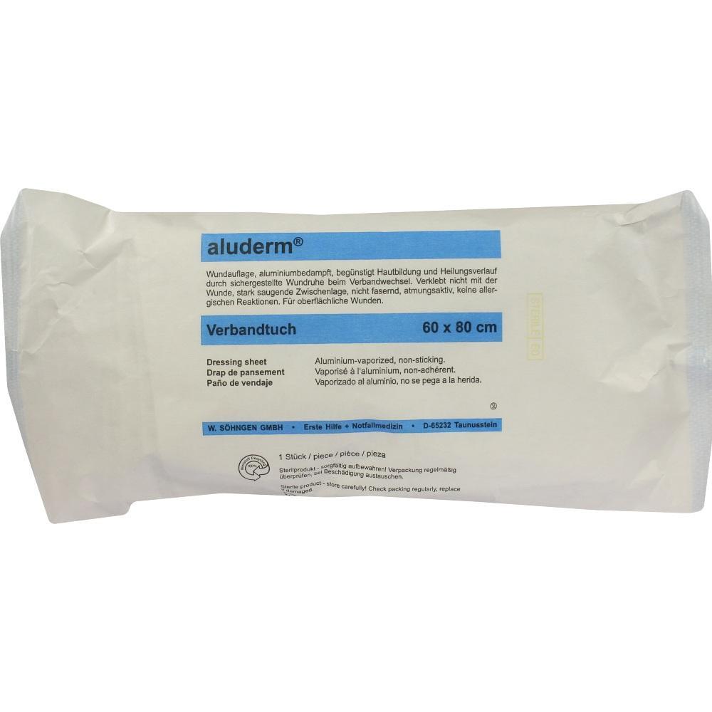 Eine Verpackung eines aluderm-Verbandstuchs in der Größe 60 x 80 cm.