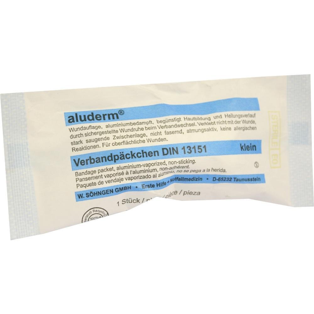Eine kleine, blaue und weiße Verbandpackung mit Aufschrift "aluderm".