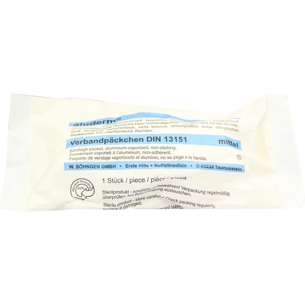 Verbandpäckchen in weißer Verpackung mit blauer Aufschrift, geeignet für erste Hilfe.
