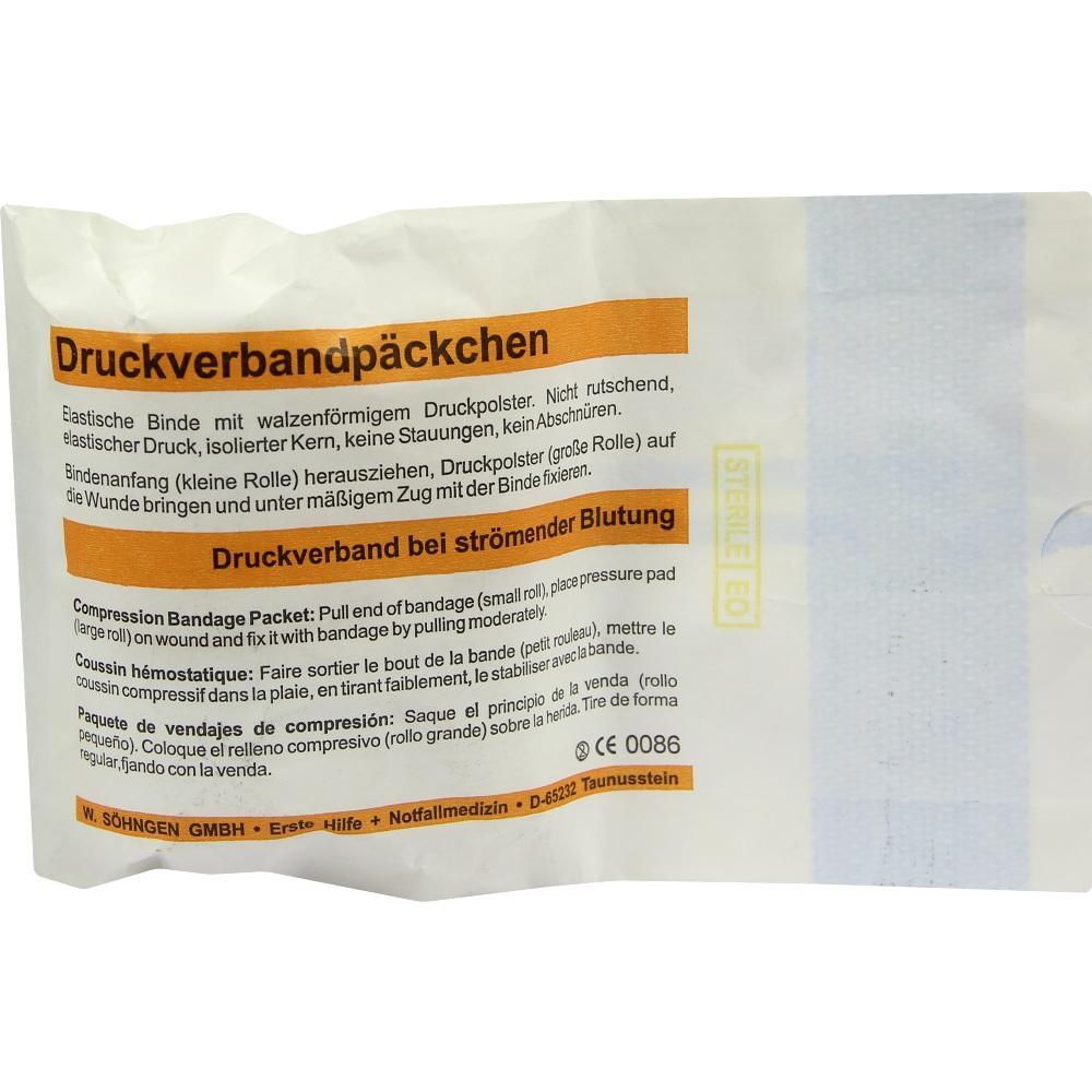 Verpackung eines Druckverbandspäckchens für starke Blutungen.