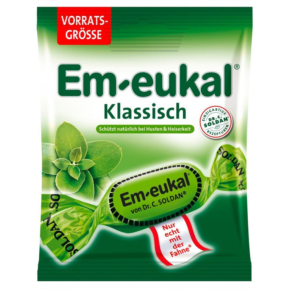 Grüne Packung Em-eukal Bonbons mit Minzblättern, schützt bei Husten.