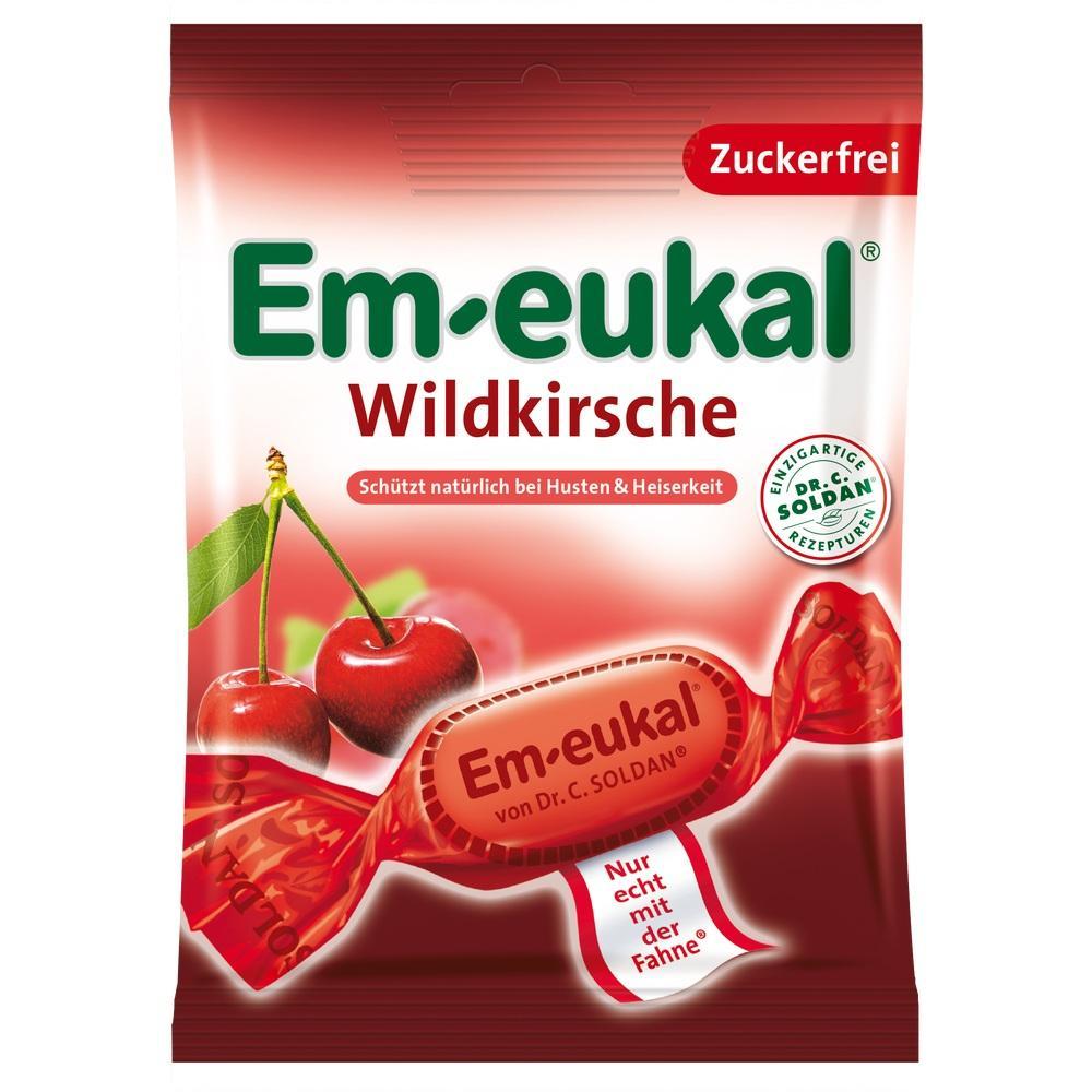Rote Packung mit zuckerfreien Wildkirsch-Bonbons von Em-eukal.