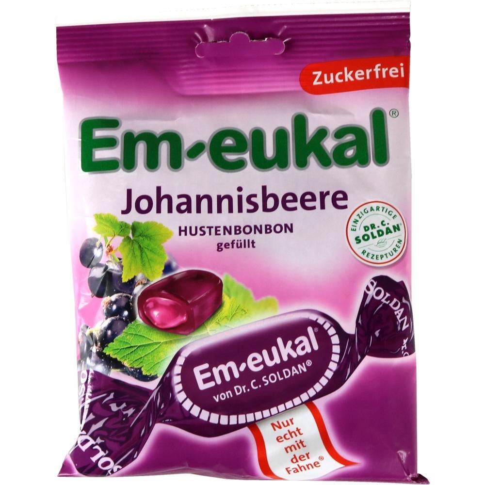 Eine Tüte zuckerfreie Em-eukal Bonbons mit Johannisbeergeschmack.