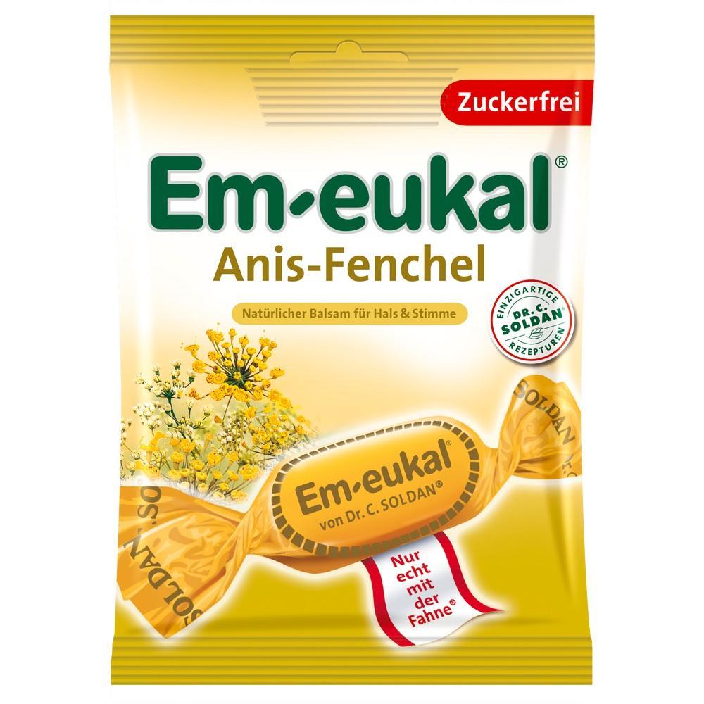 Packung Em-eukal Anis-Fenchel Bonbons, zuckerfrei, für Hals und Stimme.