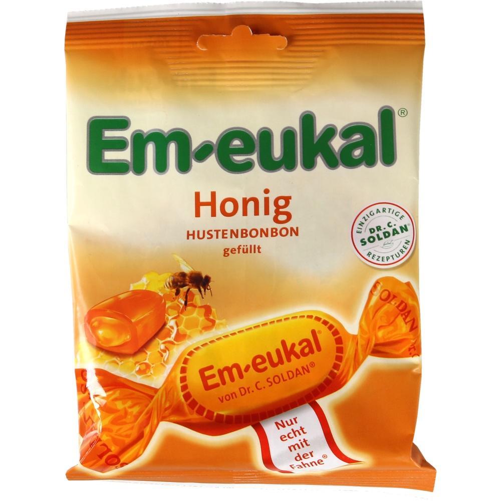 Gelbe Packung mit Honig-Bonbons von Em-eukal für Hals und Stimme.