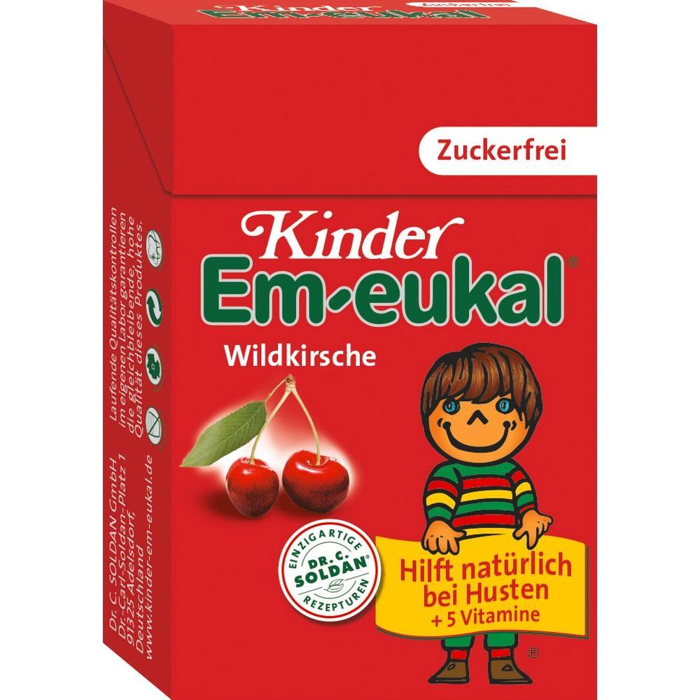Rote Hustenbonbon-Packung mit Kirschenbild und Kindergrafik, zuckerfrei.