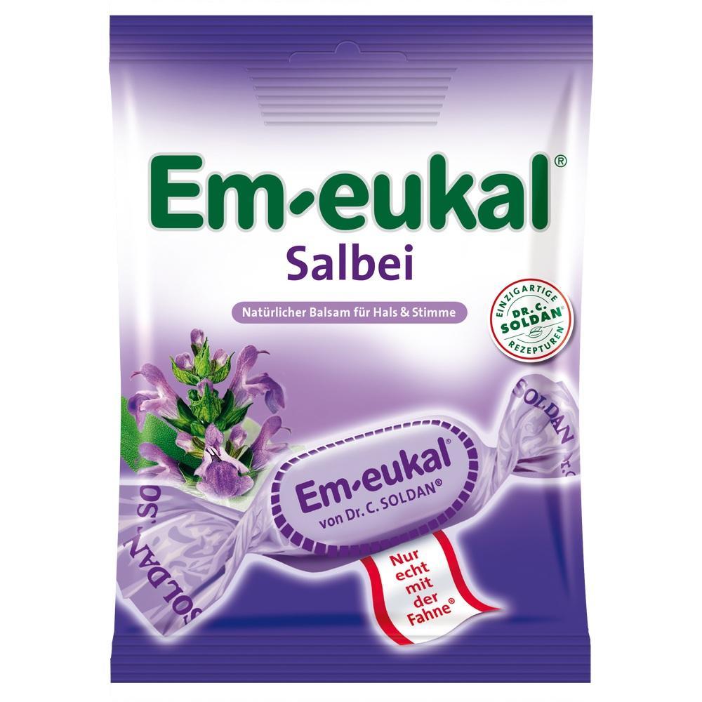 Lila Verpackung von Em-eukal Salbei für Hals und Stimme.