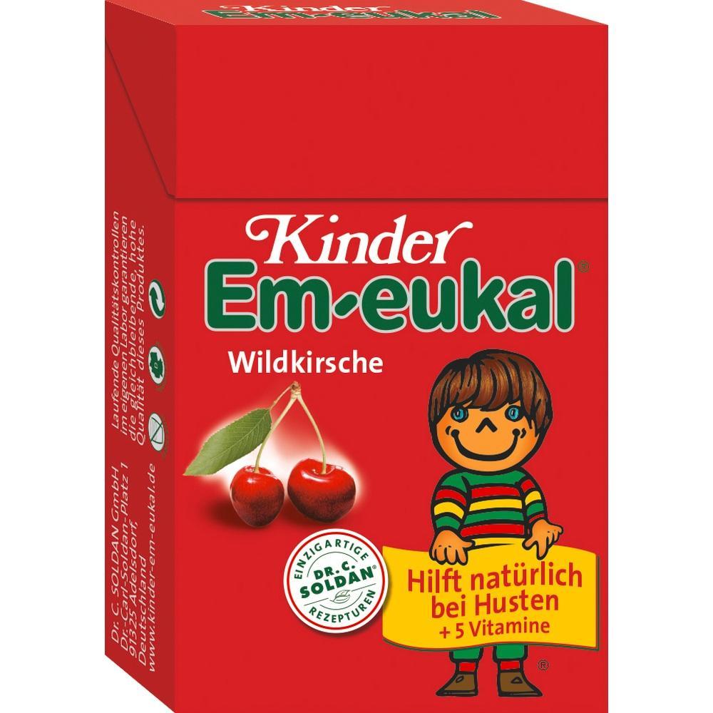Rote Verpackung von Kinder Em-eukal Bonbons, Geschmack Wildkirsche.