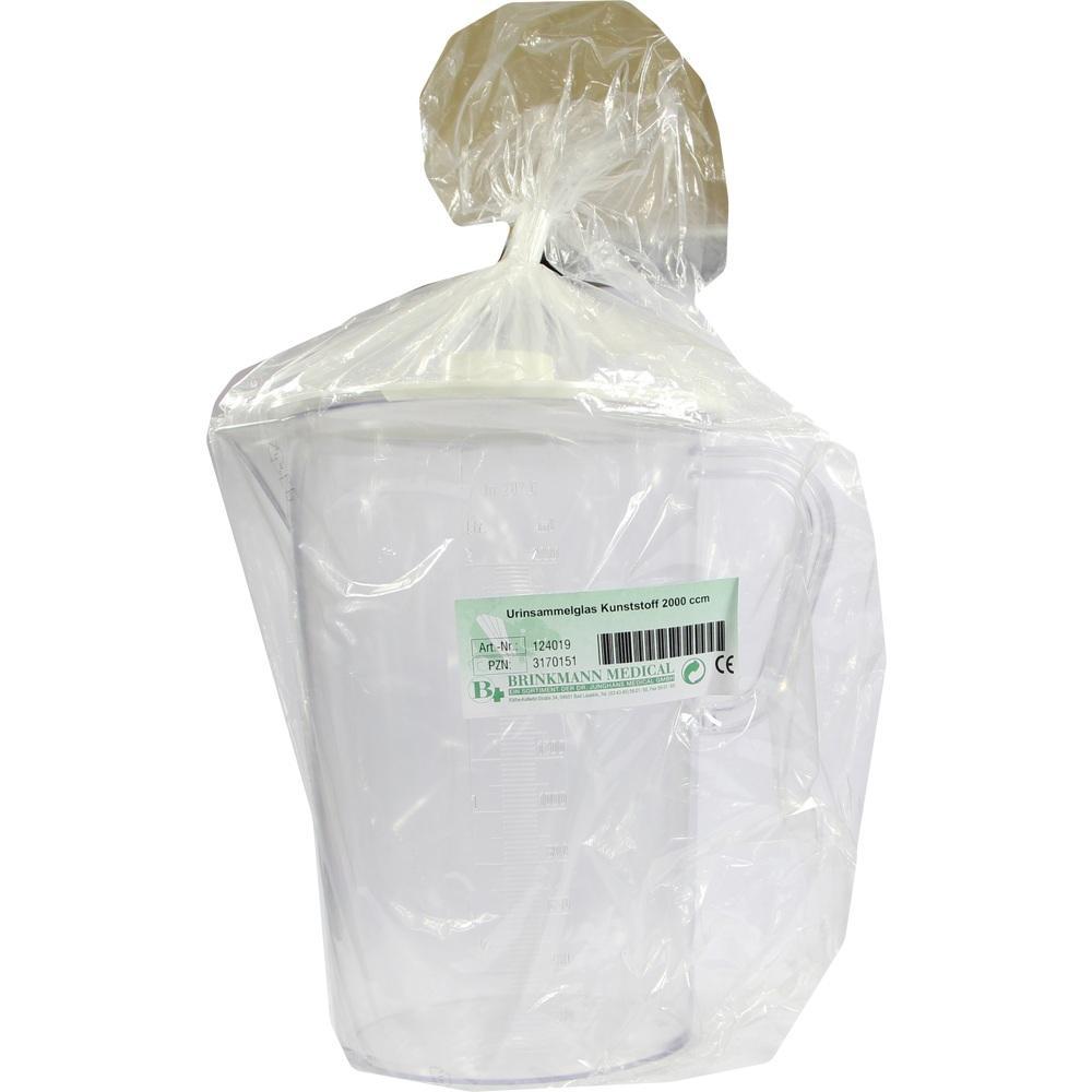 Ein transparenter Urinsammelbehälter ist in Plastik verpackt.