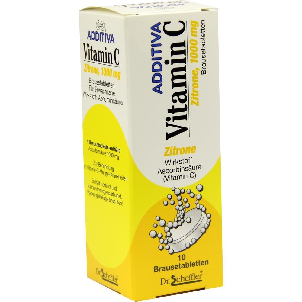 Gelbe Verpackung für Vitamin-C-Brausetabletten mit Zitronengeschmack.