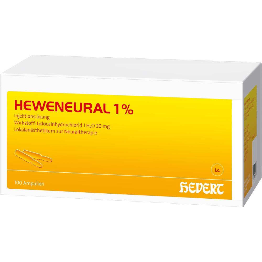 Gelbe Medikamentenverpackung von Heweneural 1% zur Injektion.