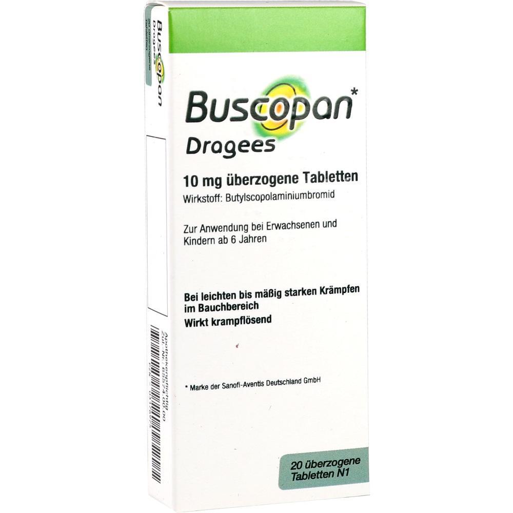 Verpackung von Buscopan-Tabletten gegen Bauchkr&auml;mpfe.