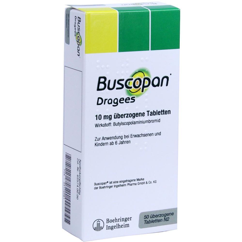 Eine Packung Buscopan Tabletten zur Linderung von Krämpfen.